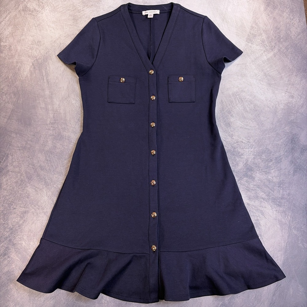 Free Assembly Navy Blue Button Front Ruffle Hem Mini Dress Womens S